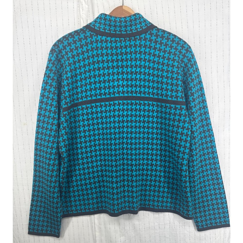 Vintage San Remo Womens Cardigan Sz L Turquoise/Black Houndstooth 80s Classic - Picture 2 of 8